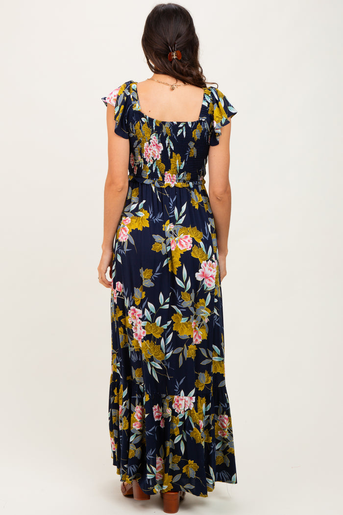 Navy Floral Smocked Cinched Top Maxi Dress