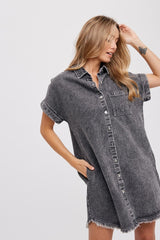 Black Acid Wash Denim Button Up Dress