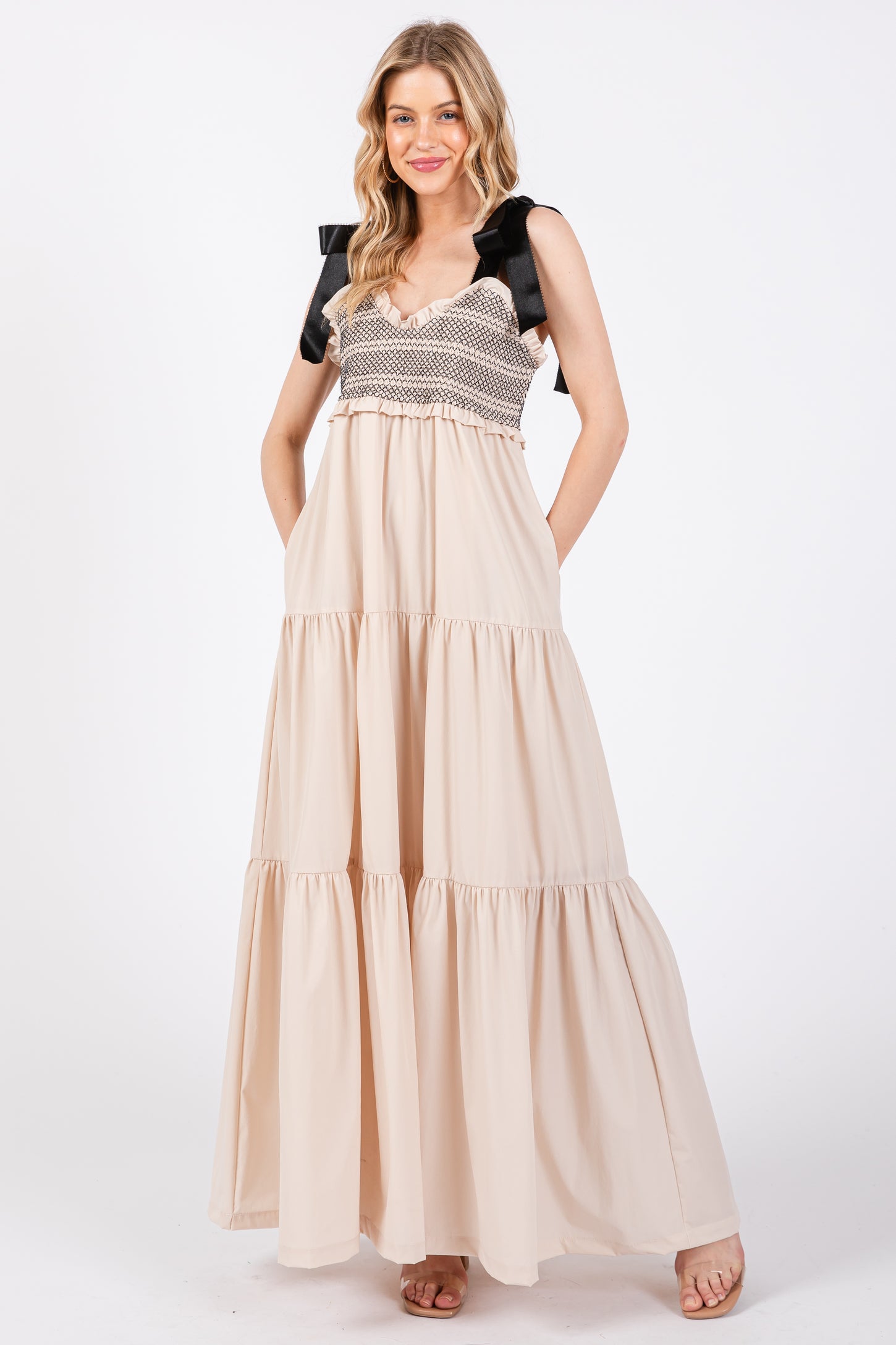 Beige Sweetheart Neck Smocked Embroidered Ribbon Shoulder Tie Maternity Midi Dress