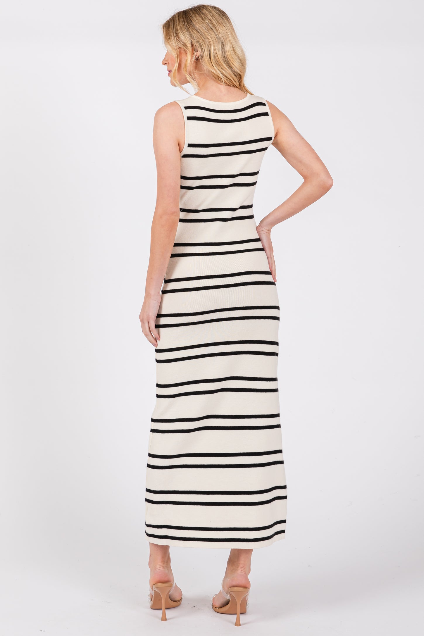 Ivory Striped V-Neck Soft Knit Midi Dress