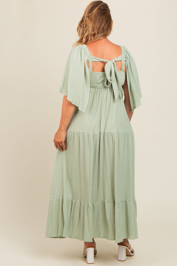 Light Olive Flounce Sleeve Tiered Maternity Plus Dress