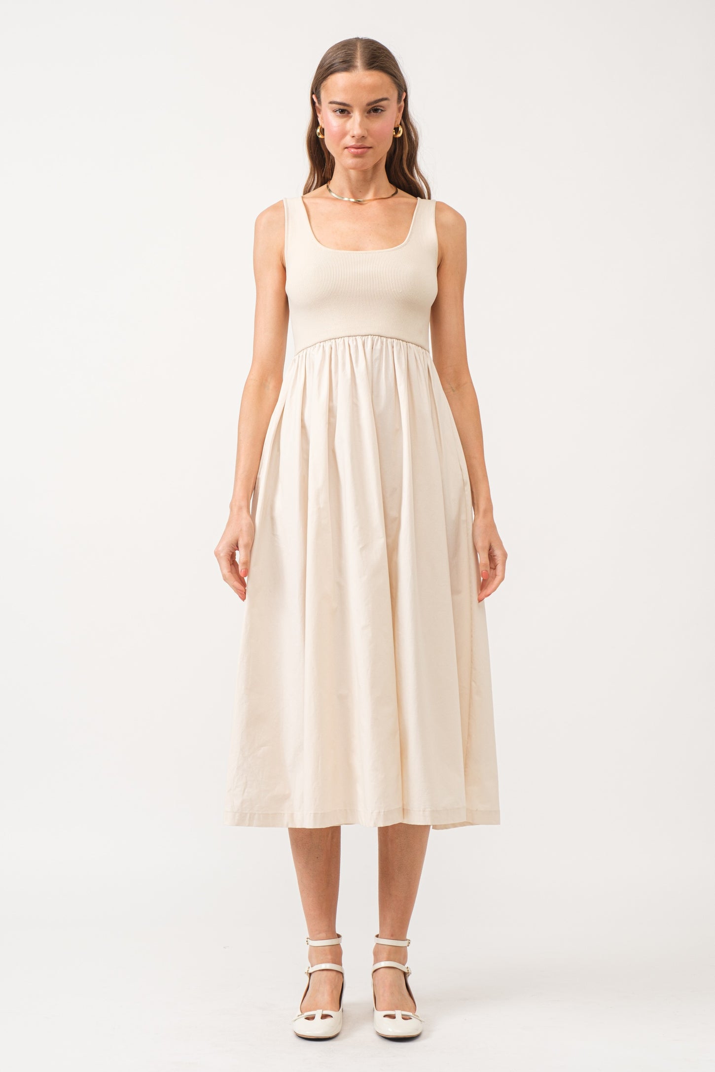 Beige Sleeveless A-line Maternity Midi Dress