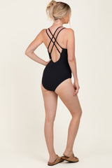 Black Ribbed V-Neck Ruched Criss Cross Low Back One Piece Swimsuit