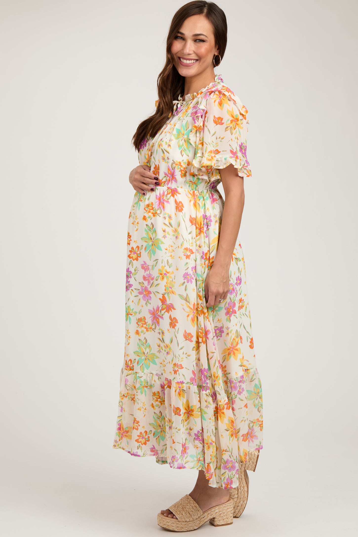 Ivory Floral Ruffle Accent Maternity Midi Dress