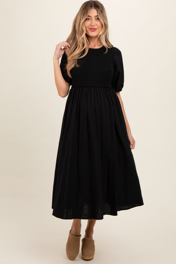 Black Ribbed Bodice Puff Sleeve Maternity Midi Dress