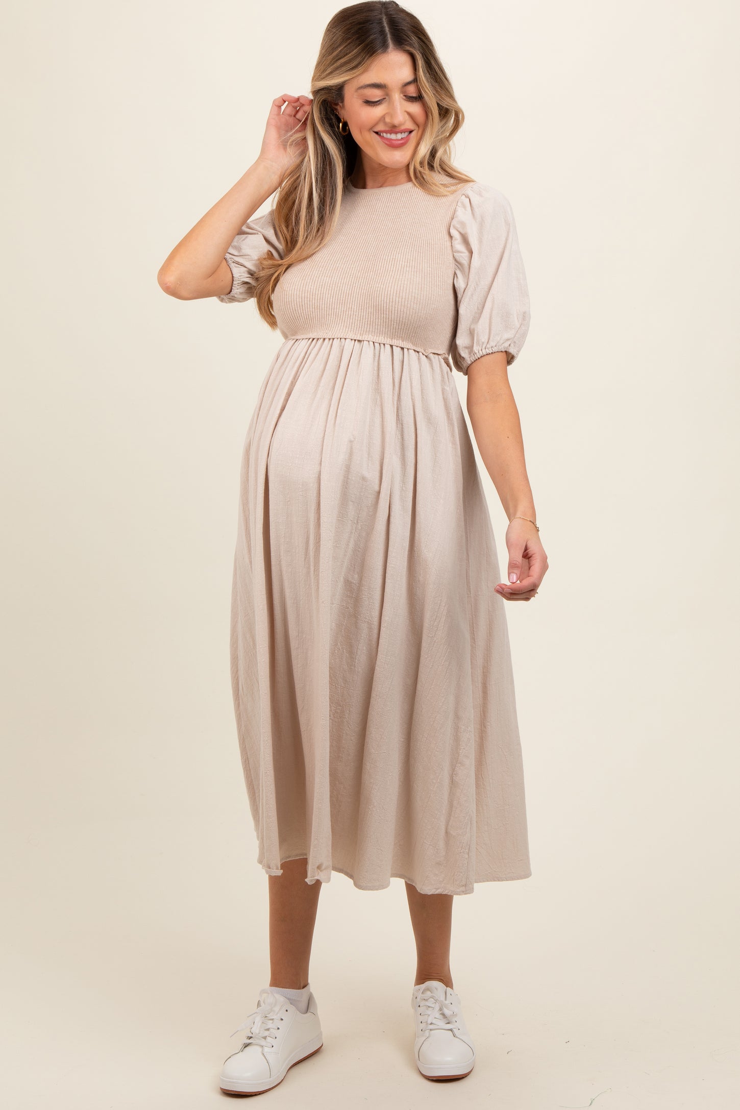 Beige Ribbed Bodice Puff Sleeve Maternity Midi Dress