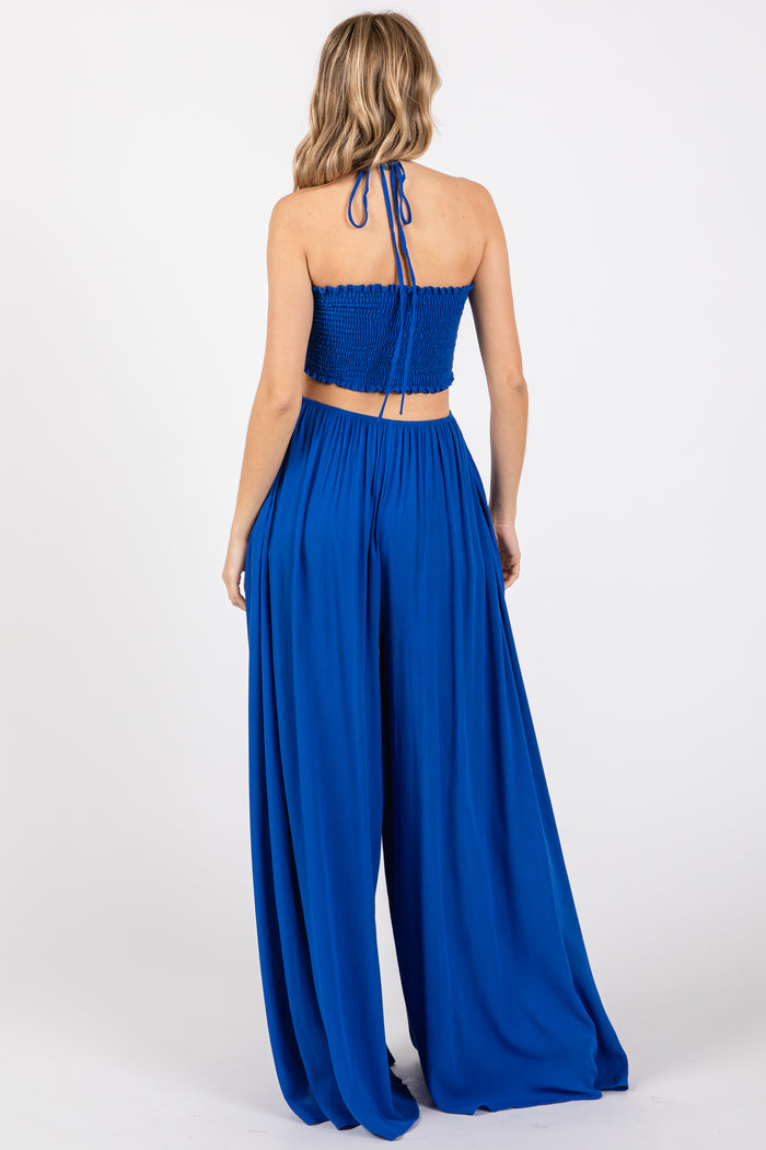 Royal Blue Smocked Drawstring Halter Side Cutout Jumpsuit