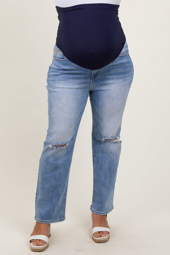 Blue Open Knee Distressed Straight Leg Maternity Plus Jeans
