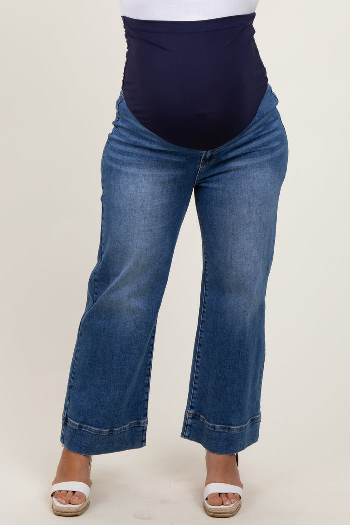 Blue Cuffed Wide Leg Maternity Plus Jeans