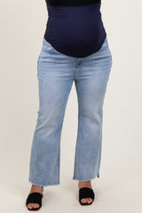 Light Blue Fringe Hem Maternity Plus Crop Flare Jeans