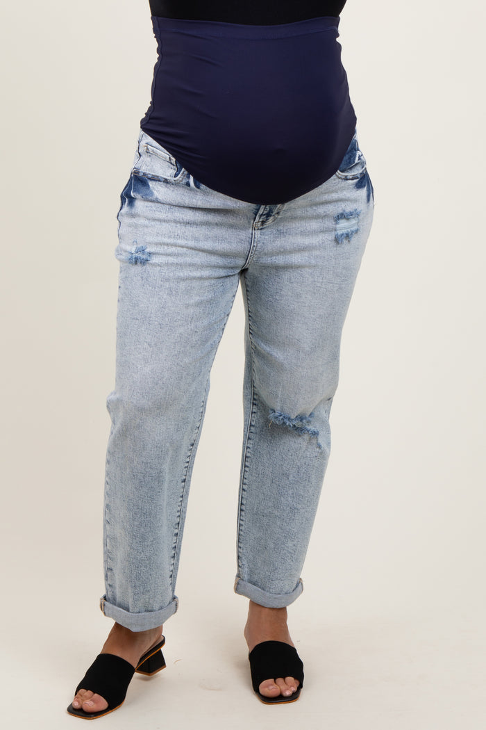 Light Blue Rolled Cuff Distressed Straight Leg Maternity Plus Jeans