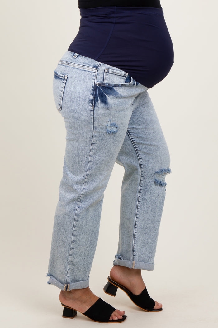 Light Blue Rolled Cuff Distressed Straight Leg Maternity Plus Jeans