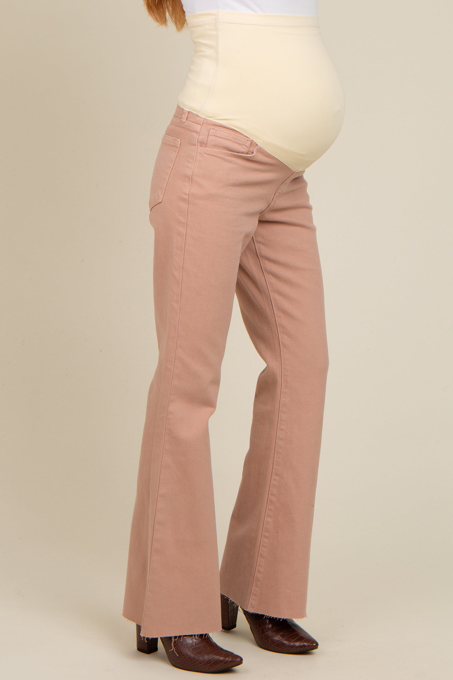 Beige Flare Leg Raw Hem Maternity Jeans