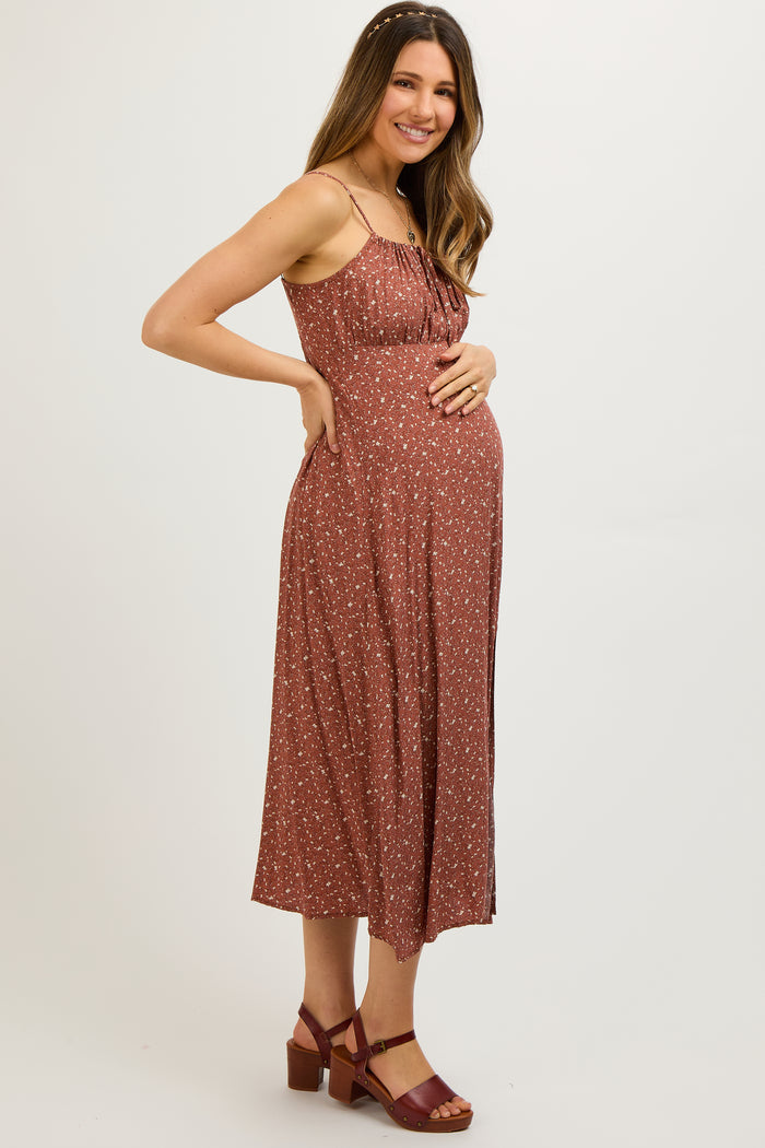 Rust Ditsy Floral Side Slit Maternity Midi Dress