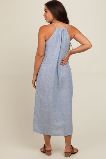 Blue Striped Linen Maternity Midi Dress