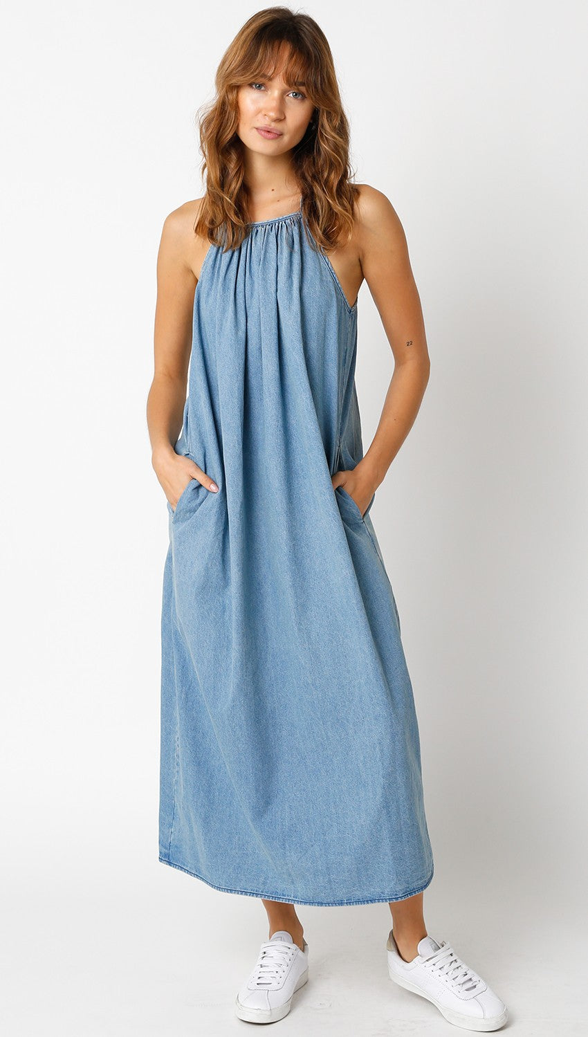 Denim Sleeveless Shift Maternity Midi Dress