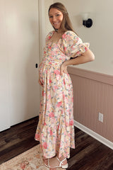 Lavender Floral Pleated Puff Sleeve Maternity Midi Dress