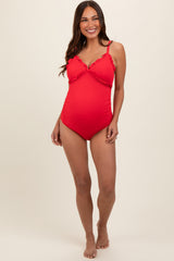 Red Ribbed Lettuce Edge V-Neck Maternity One-Piece Swimsuit
