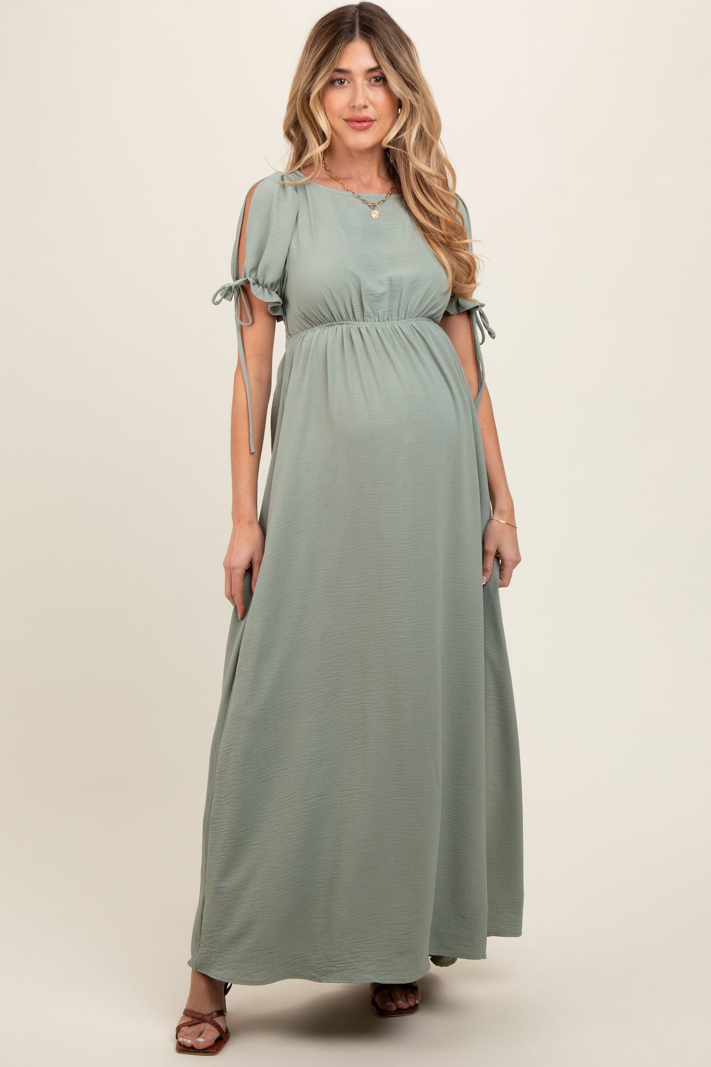 Light Olive Open Back Maternity Maxi Dress