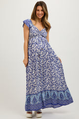 Blue Floral Off Shoulder Maternity Maxi Dress