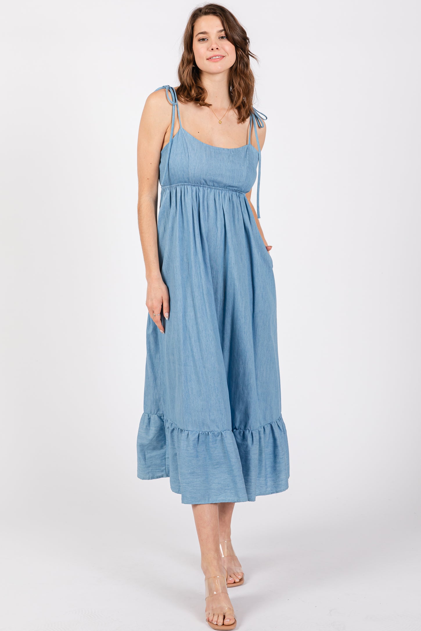 Blue Chambray Sleeveless Ruffle Hem Maternity Midi Dress
