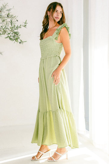 Green Contrast Gauze Eyelet Lace Detail Maxi Dress