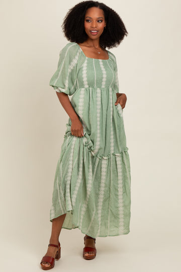 Light Olive Embroidered Detail Smocked Top Maxi Dress