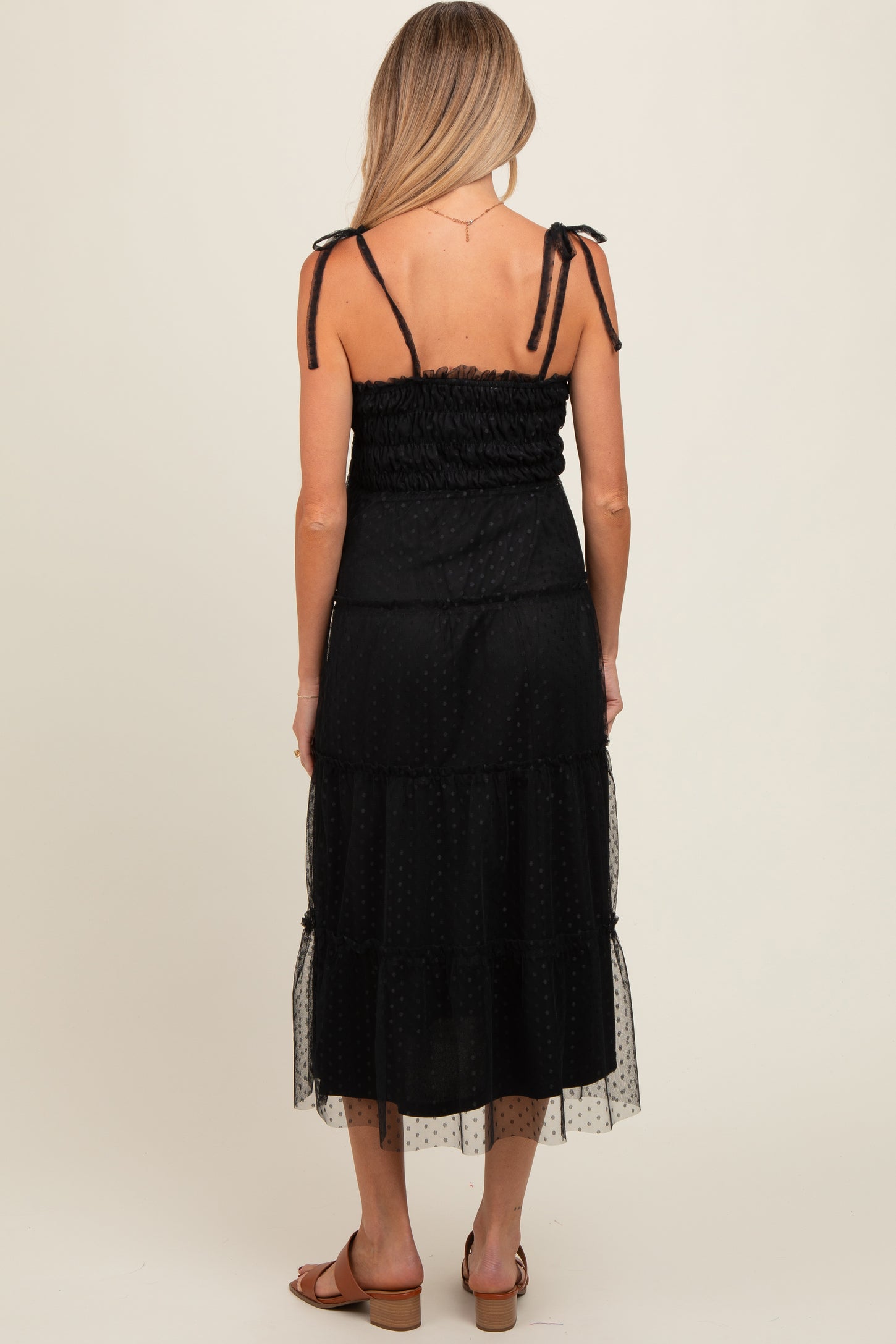 Black Smocked Polka Dot Mesh Shoulder Tie Maternity Midi Dress
