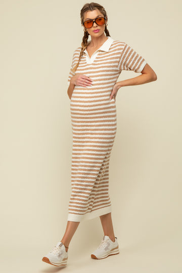 Beige Collared Knit Maxi Maternity Dress
