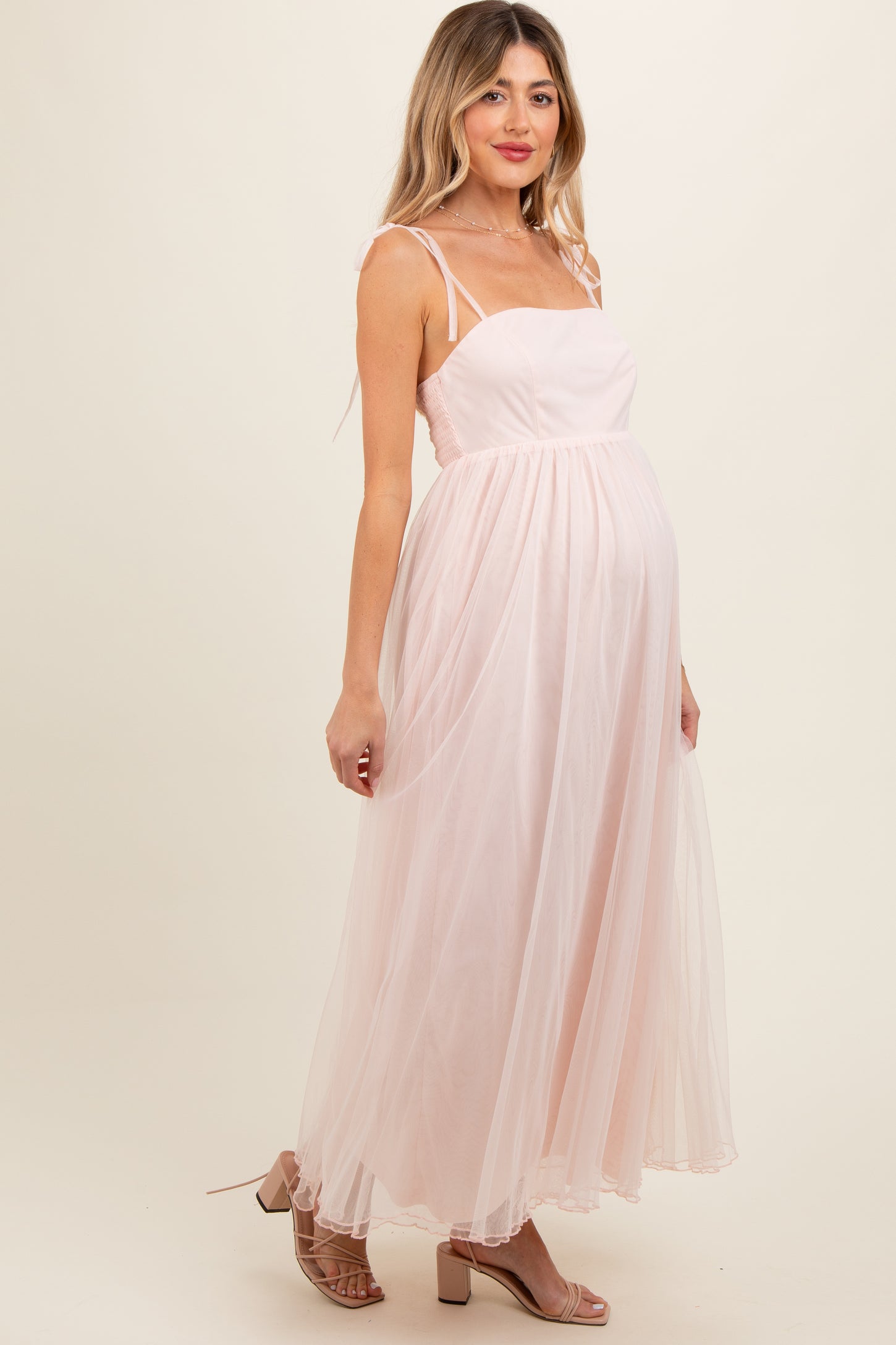 Light Pink Square Neck Shoulder Tie Tulle Maternity Maxi Dress