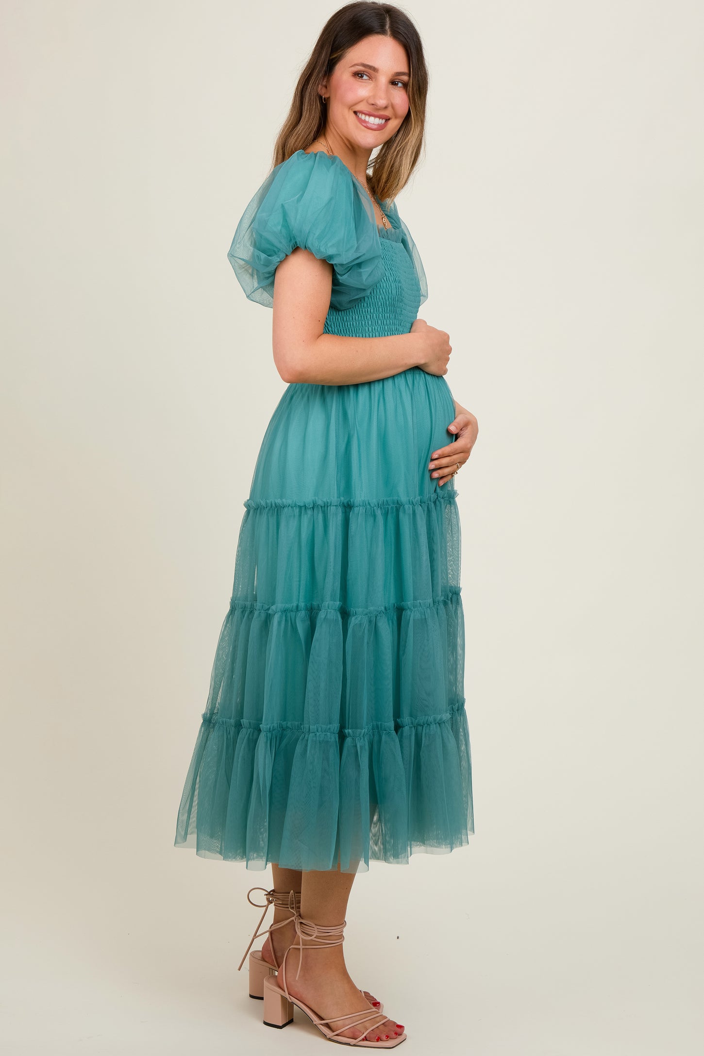 Teal Smocked Tiered Tulle Maternity Midi Dress
