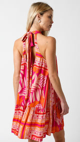 Fucshia Tropical Print Back Tie Cutout Dress