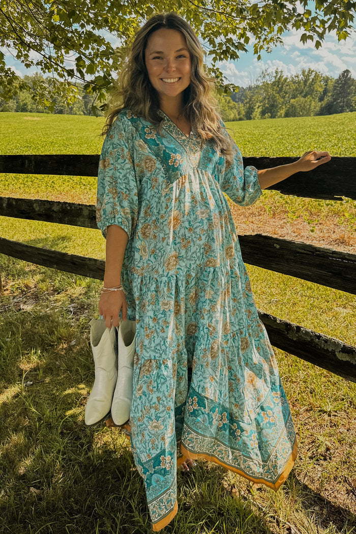 Aqua Floral Border Print V-Neck Tiered Maternity Midi Dress
