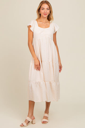 Ivory Textured Sweetheart Neck Short Puff Sleeve Tiered Midi Dress