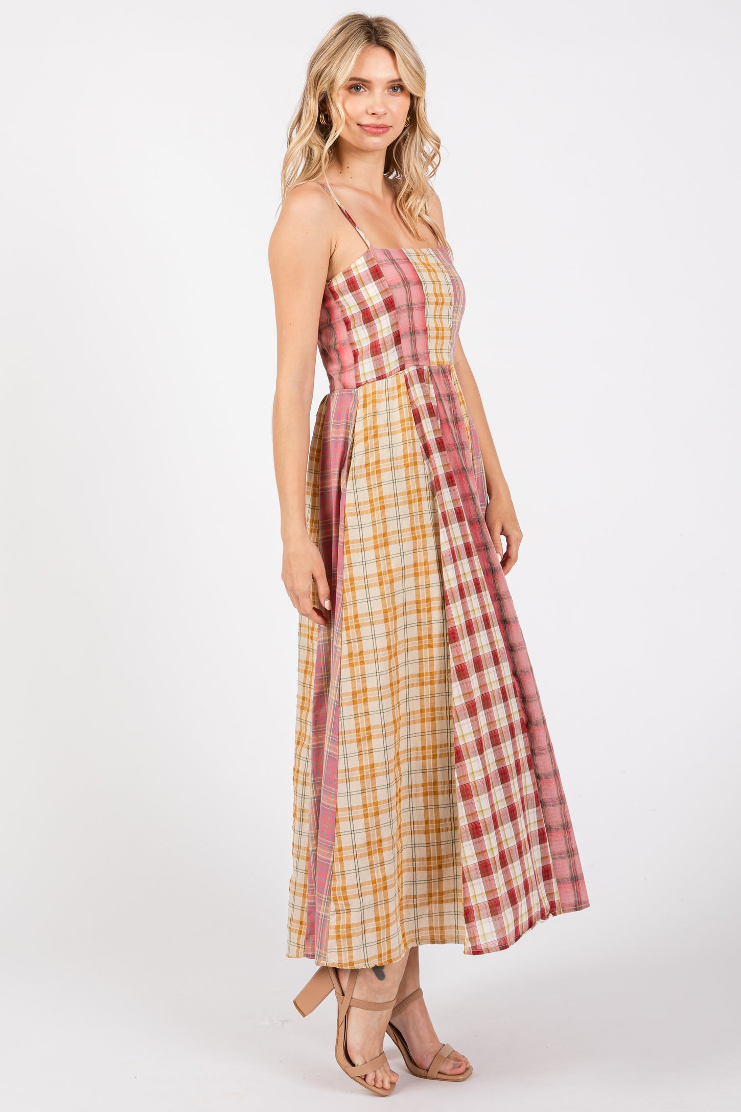 Pink Mixed Plaid Maxi Dress