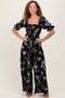 Black Floral Smocked Square Neck Wide Leg Jumpsuit