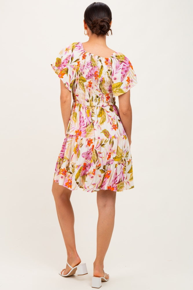 Ivory Floral Smocked Front Tiered Dress