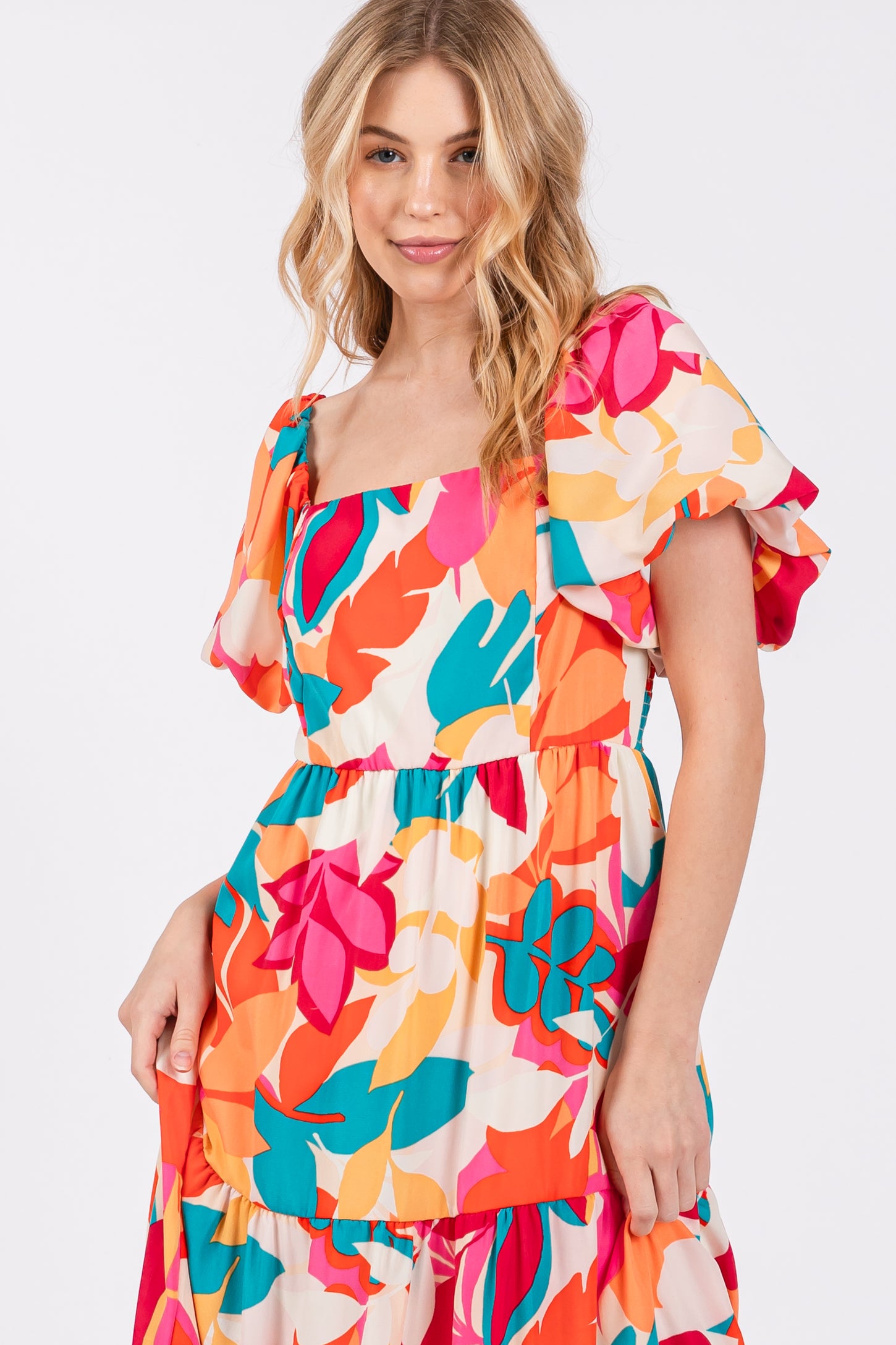 Fuchsia Leaf Print Maxi Dress