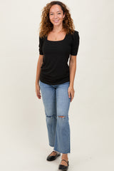 Black Ribbed Ruched Square Neck Puff Sleeve Top