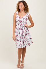 Ivory Mauve Floral Knotted Wrap V-Neck Dress