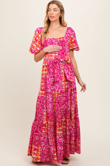 Fuchsia Floral Smocked Short Puff Sleeve Tiered Maternity Maxi Dress