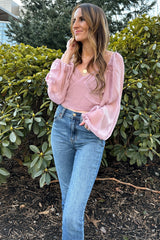 Blush Solid Sweetheart Neck Puff Sleeve Open Back Blouse