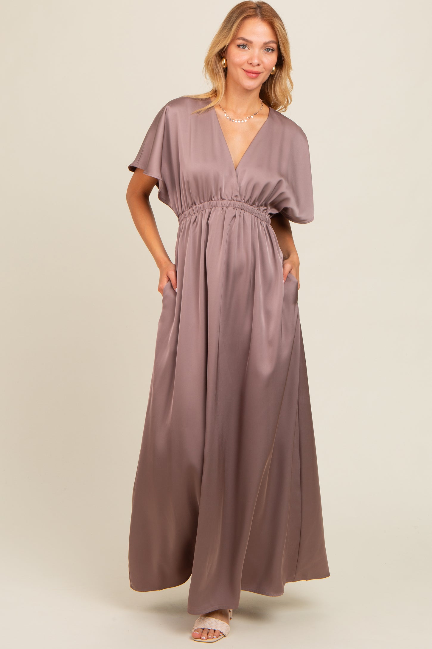 Mauve Satin V-Neck Flutter Short Sleeve Maxi Dress
