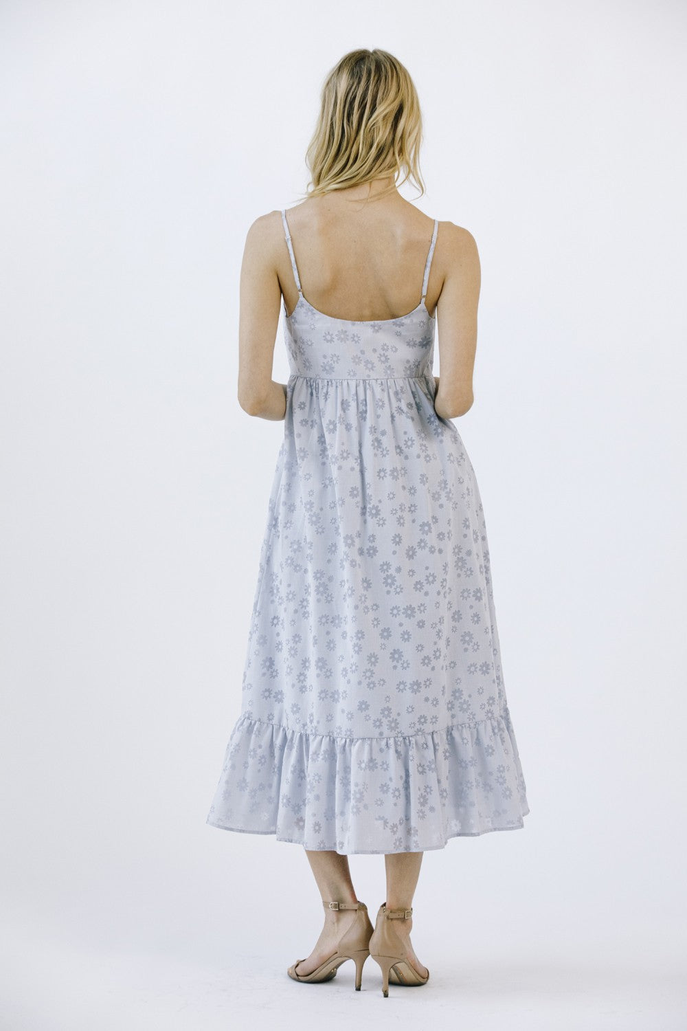 Blue Floral Button Front Sleeveless Midi Dress