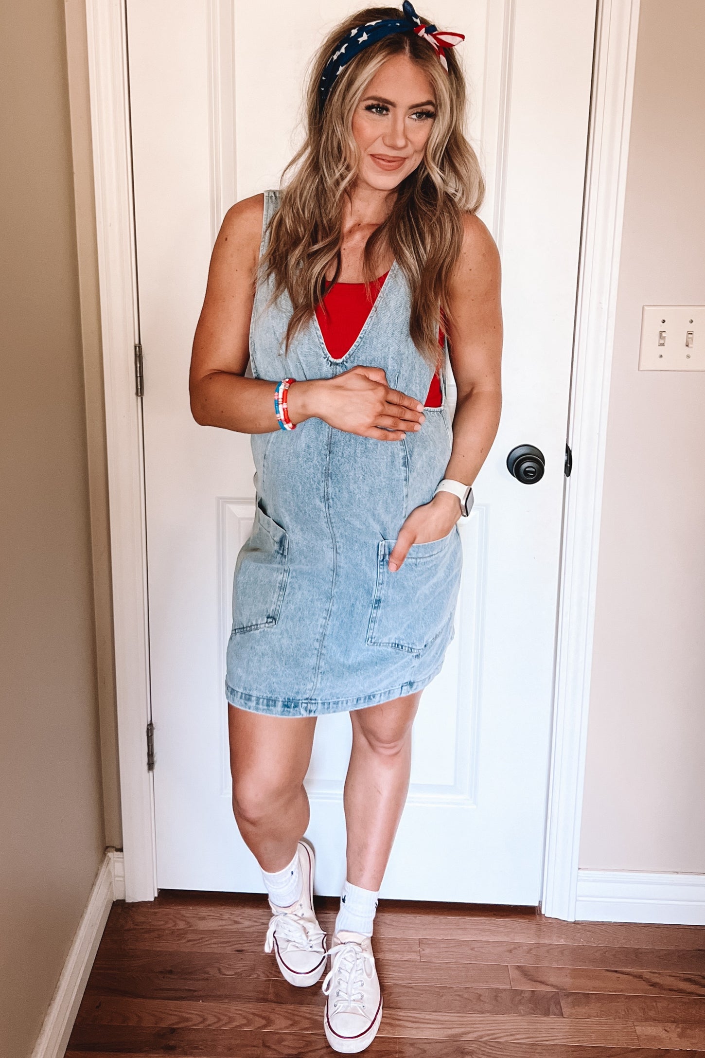 Light Blue Denim Front Pocket Maternity Skirt Overalls