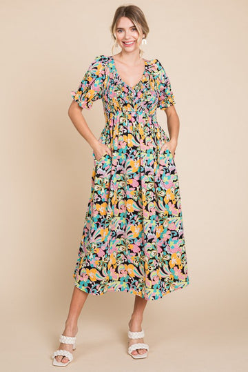 Black Floral Smocked Ruffle Short Sleeve Midi Dress