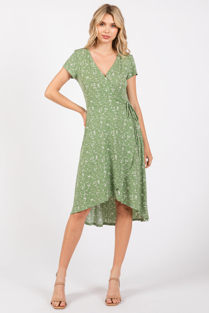 Green Floral Hi-Lo Wrap Dress