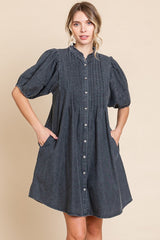 Black Button Down Puff Sleeve Maternity Dress