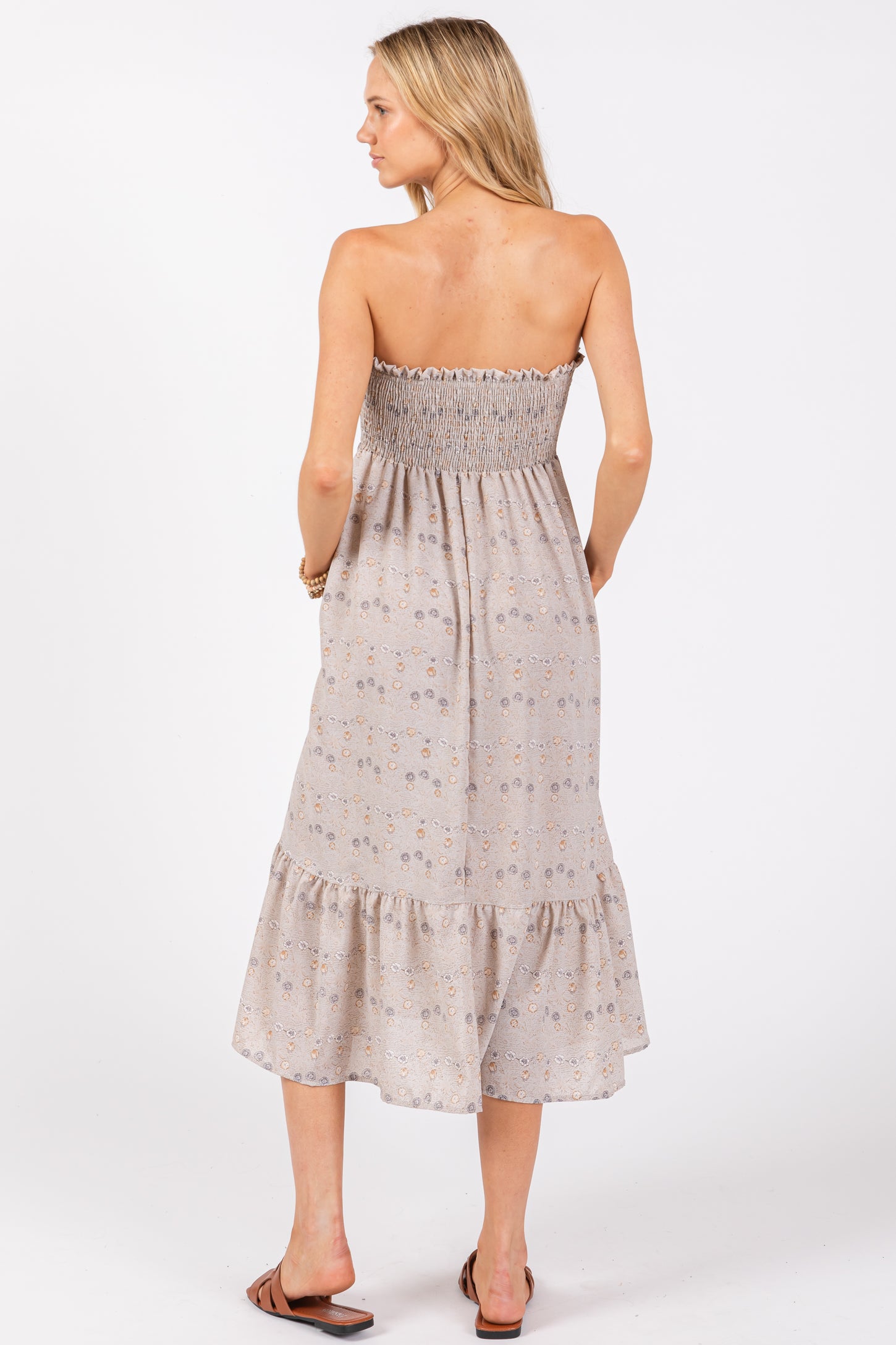 Grey Floral Print Smocked Bodice Tube Top Midi Dress