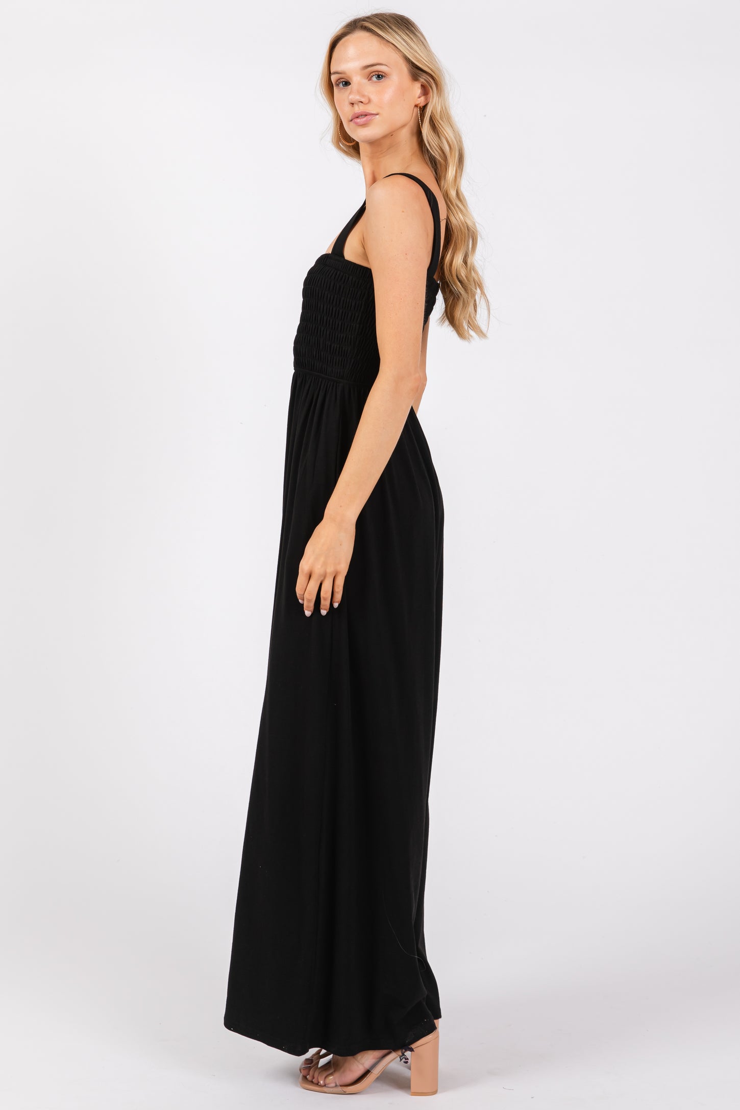 Black Smocked Wide Leg Jumpsuit